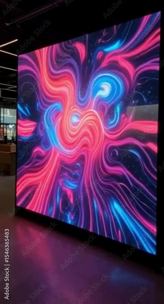Poster large led screen displaying abstract colorful swirls in a modern interior setting