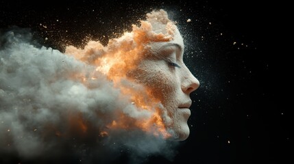 An artistic visualization of a woman's profile merging with clouds and explosions, symbolizing creativity, emotion, and the abstract depths of the human experience.