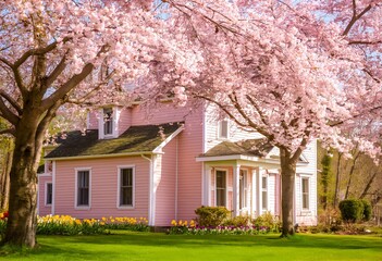 A charming pink house nestled under cherry blossoms in a serene spring setting full of tranquility and beauty