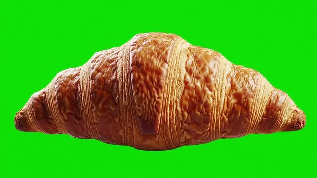 Single large croissant, centered on chroma green background (#00FF00), isolated, soft texture, no other elements, appetizing and detailed bakery item.

