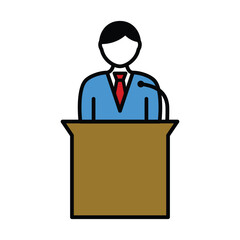 presentation icon, businessman speaking into microphone at podium	