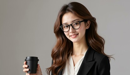 Professional woman in business attire holding a coffee cup, smiling at the camera.