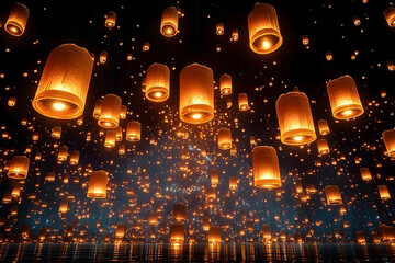 Many glowing sky lanterns float in the air against a dark blue sky, creating a warm, magical atmosphere