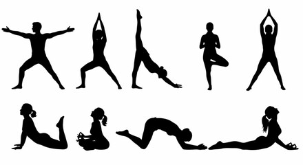 Silhouette Set of Yoga Poses and Asanas for Fitness