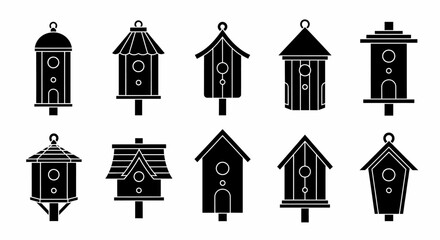 Collection of Birdhouses Black Silhouette Icons Design Set