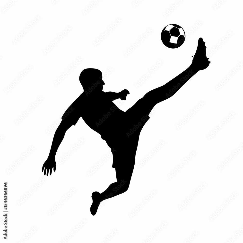 Poster silhouette of a soccer player kicking a soccer ball with his right leg in a dynamic action pose on w