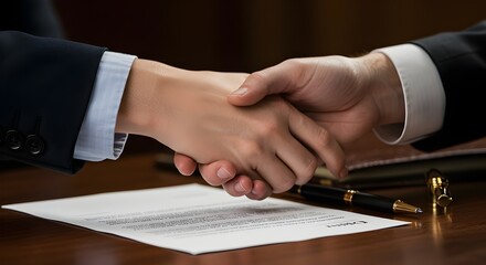 Macro handshake after signing contract in luxury executive office setting.