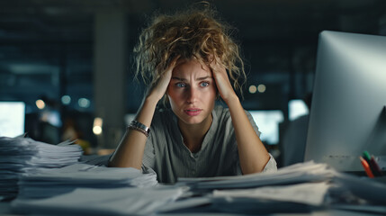 A female employee looks frustrated with unfinished office work. Captures stress, pressure, and emotional exhaustion in a modern professional environment.
