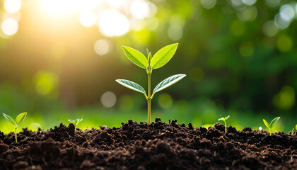 Fresh sapling emerges from dark soil surrounded by green sprouts in morning light