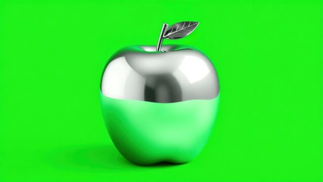 High-resolution image of a single silver, glass-like apple centered on a solid chroma key green (#00FF00) background. Metallic, semi-transparent surface with high reflectivity and no shadows.

