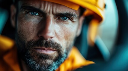 A striking close-up of a serious construction worker wearing a hard hat, showcasing dedication, determination, and the gritty reality of hard labor in construction.