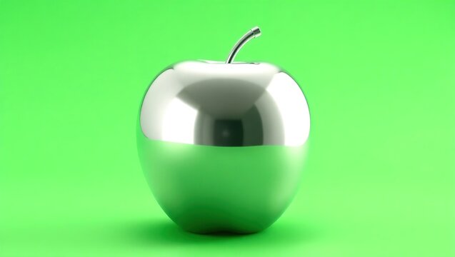High-resolution image of a single silver, glass-like apple centered on a solid chroma key green (#00FF00) background. Metallic, semi-transparent surface with high reflectivity and no shadows.

