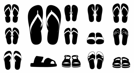 Various Black and White Pairs of Sandals and Flip Flops