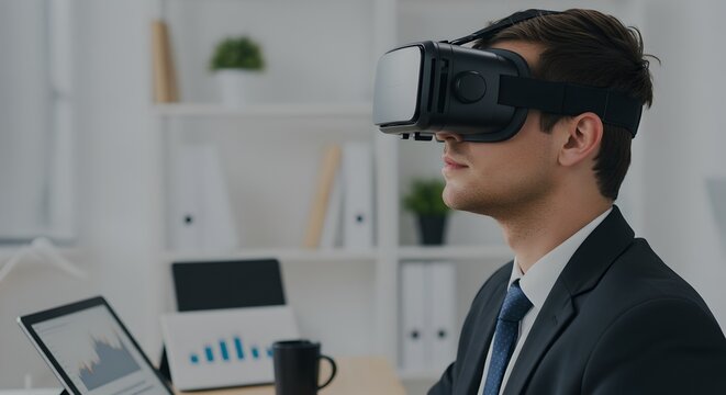 Focused professional explores virtual world through sleek headset in workspace.