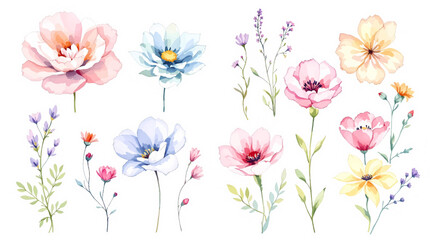 Set of spring flowers watercolor, set of colorful flowers