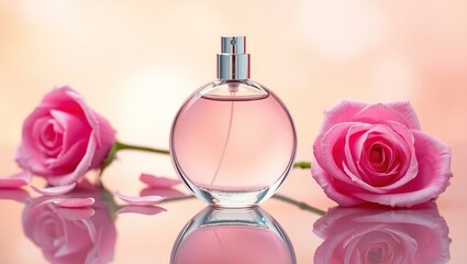 Artistic photo of round glass perfume bottle with pink liquid and metallic nozzle. Positioned on a reflective surface next to a blooming pink rose and scattered petals. Soft pastel background, dreamy 