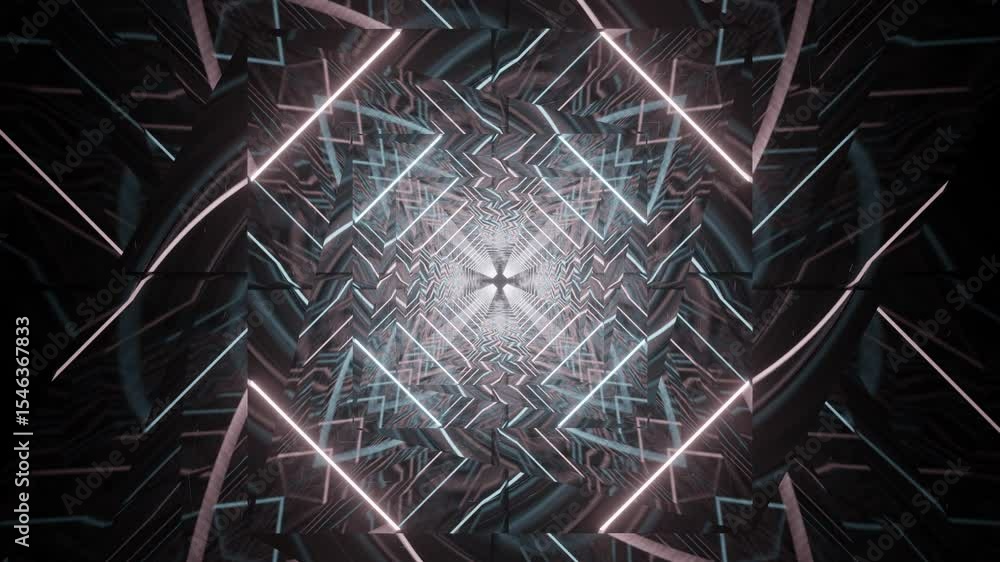 Poster seamless looping abstract 3d animation featuring mirrored tunnel with glowing dual-tone neon lights 