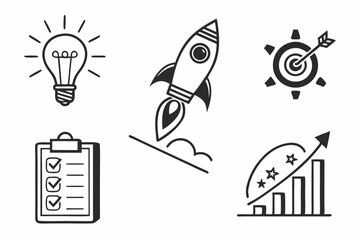 Lightbulb rocket target clipboard and graph icons for business