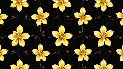 Digital seamless floral pattern with glossy six-petal flowers alternating between gold and white. Connected by swirling gold lines over a dark textured background. Luxurious and elegant aesthetic.

