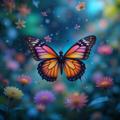 Fototapeta premium Generative AI image of a butterfly gracefully flying over natures vibrant, colorful patterns, symbolizing freedom.