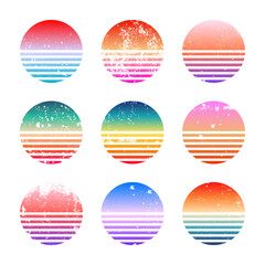 Grunge vintage colorful sunset. Striped gradient sunrise badges in 80s and 90s style. Sun and ocean view, summer vibes, surfing. Design element for print, logo or t-shirt. Vector illustration