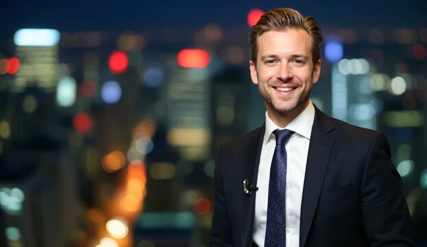 A man in a suit stands confidently against a vibrant cityscape backdrop at night.