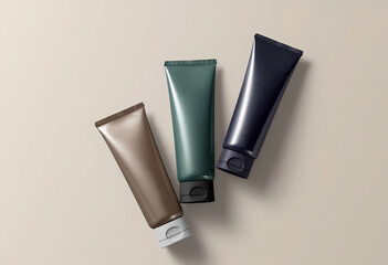 Three elegantly designed cosmetic tubes in chic colors are displayed against a soft background that enhances them