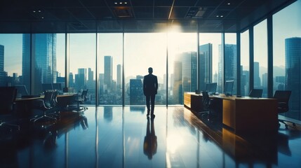 A solitary silhouette of a business leader stands thoughtfully in an urban office, metaphorically representing ambition, introspection, and the journey toward success at sunrise.