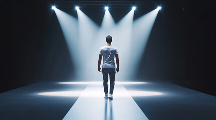Obraz premium 3D T-shirt virtual try-on mockup, digital model walking on virtual runway, spotlights, clean minimal background, high-fashion concept for digital clothing line.