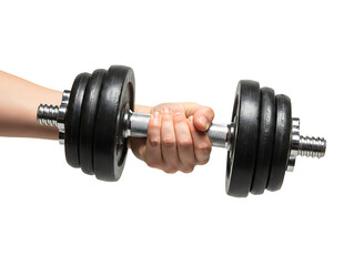 Hand holding black dumbbell isolated on transparent background