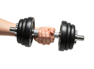 Hand holding black dumbbell isolated on transparent background