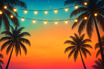 Sunset Party Banner with Palm Trees and Glowing String Lights
