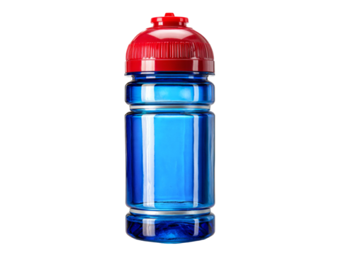 Blue plastic water bottle with red lid sport hydration, Isolated On White, Png Transparent