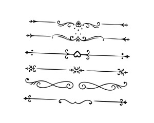 Fototapeta premium Text dividers doodle set. Wedding decorative elements. Divider ornament, borders, vintage line separators. Hand drawn vector illustration isolated on white background