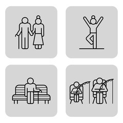 Four distinct line icons of various activities of elderly people, including walking, yoga, sitting on bench and fishing. Retirement concept