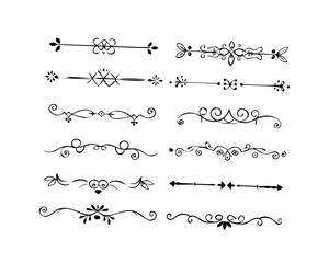 Obraz premium Text dividers doodle set. Wedding decorative elements. Divider ornament, borders, vintage line separators. Hand drawn vector illustration isolated on white background