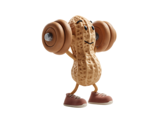 Strong peanut character lifting weights fitness fun, Isolated On White, Png Transparent