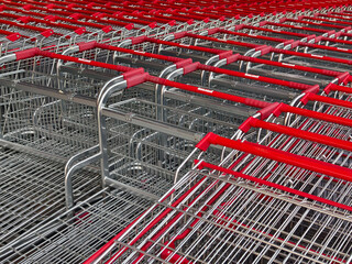 A row of shopping carts is neatly lined up in a straight row