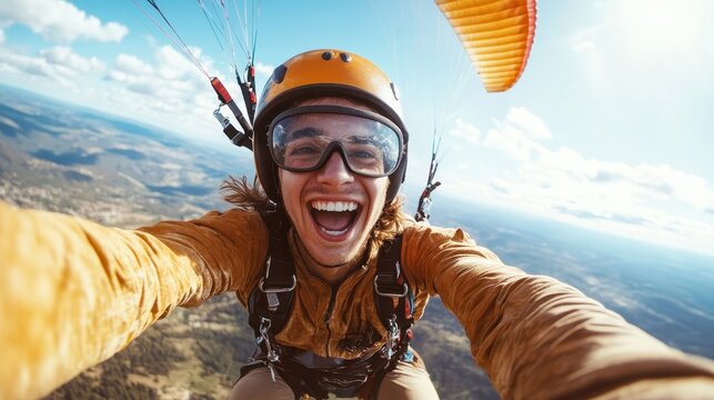 A joyful, smiling paraglider takes a selfie while soaring high in the sky, capturing the thrill of the experience against a breathtaking landscape below, embodying freedom.