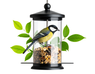 Side View of Great Tit Feeding with Head Down Inside Tube Feeder, isolated on a transparent background png
