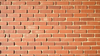 Fototapeta premium Horizontal layout of rustic, exposed red and brown brick wall. Rough texture, aged and chipped bricks with gray mortar lines. Soft warm lighting enhances natural, rugged aesthetic.