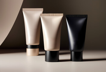 Three beautifully designed and elegant cosmetic tubes in both neutral and dark shades, ideal for modern beauty shoots