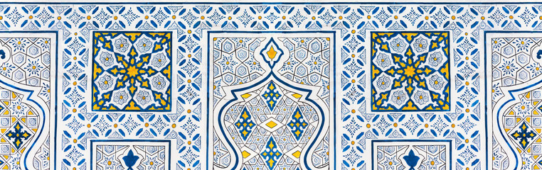 Detail of traditional Islamic wall painting with floral and geometric motifs in Bibi-Khanym Mosque,...