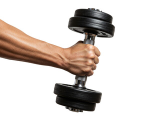 Hand holding black dumbbell isolated on transparent background