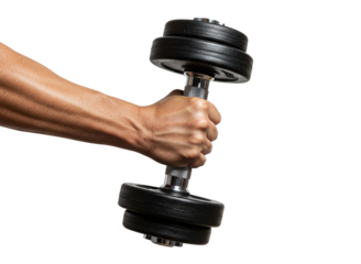 Hand holding black dumbbell isolated on transparent background