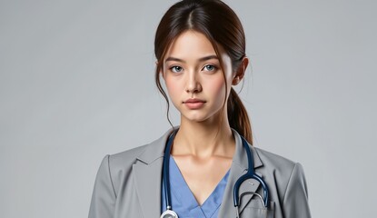 A healthcare professional wearing a stethoscope and medical attire, standing against a neutral background.