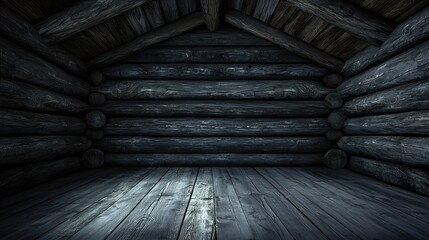 Dark, rustic log cabin interior.