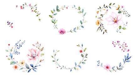 colorful confetti on white background, Set of colorful floral elements watrecolor