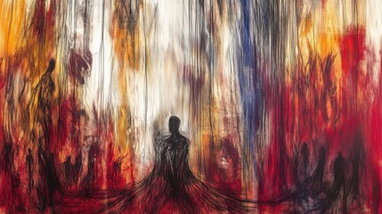 An abstract representation of human emotions illustrated through vibrant colors and chaotic forms, highlighting collective feelings of isolation, connection, and existential reflection.