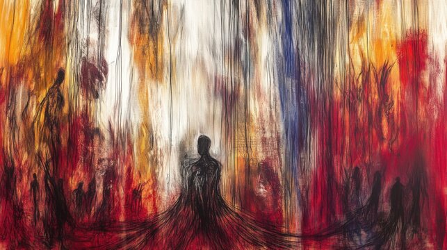 An abstract representation of human emotions illustrated through vibrant colors and chaotic forms, highlighting collective feelings of isolation, connection, and existential reflection.